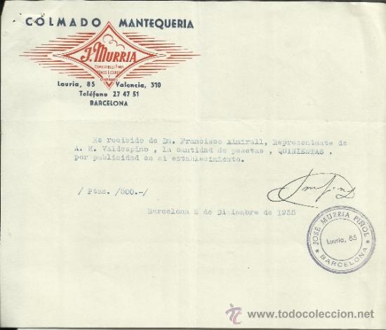 Lettere commerciali: CARTA COMERCIAL DE COLMADO MANTEQUERIA. JOS&Eacute; MURRIA PI&Ntilde;OL. BARCELONA. 1955