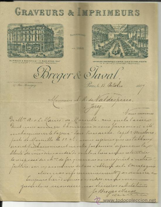 Lettere commerciali: CARTA COMERCIAL DE BREGER & JAVAL. GRAVEURS & IMPRIMEURS. PAR&Iacute;S. FRANCIA. 1887