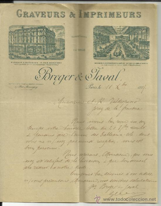Lettere commerciali: CARTA COMERCIAL DE BREGER & JAVAL. GRAVEURS & IMPRIMEURS. PAR&Iacute;S. FRANCIA. 1887