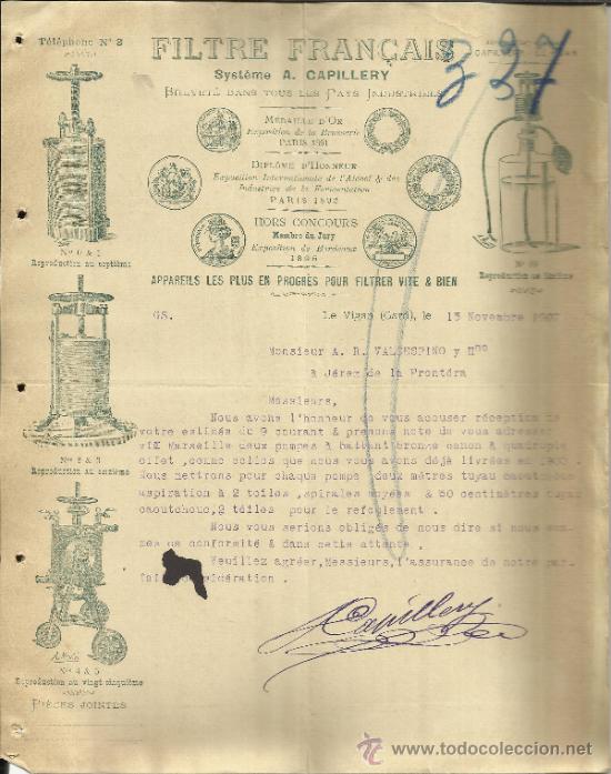 Lettere commerciali: CARTA COMERCIAL DE FILTRE FRANCAIS. LE VIGAN. GARD. FRANCIA. 1907
