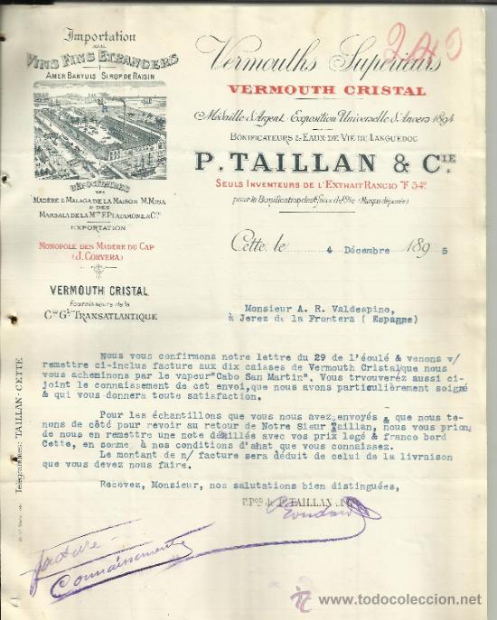 Lettere commerciali: CARTA COMERCIAL DE P. TAILLAN & Cie. VERMOUTH CRISTAL. L'EXTRAIT RANCIO F 54&ordm;. CETTE. FRANCIA. 1895