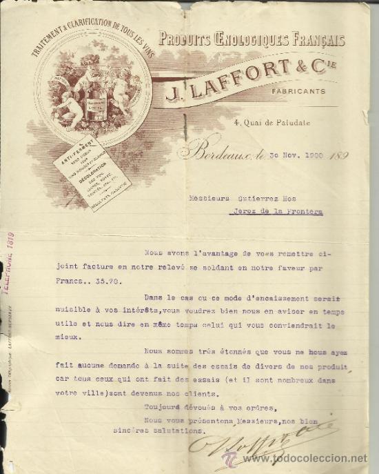 Lettere commerciali: CARTA COMERCIAL DE J. LAFFORT & Cie. BORDEAUX. FRANCIA. 1900