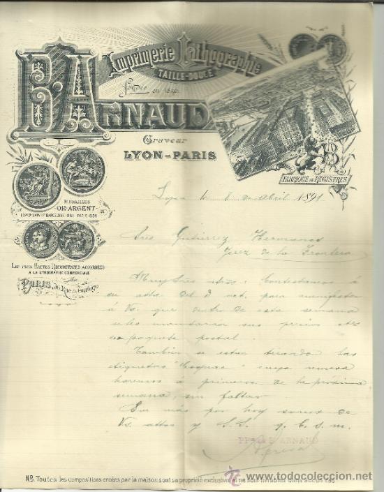 Lettere commerciali: CARTA COMERCIAL DE B. ARNAUD. IMPRIMERIE LITHOGRAPHIE. LYON. FRANCIA. 1891