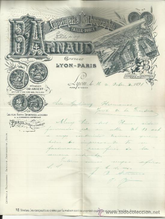 Lettere commerciali: CARTA COMERCIAL DE B. ARNAUD. IMPRIMERIE LITHOGRAPHIE. LYON. FRANCIA. 1891
