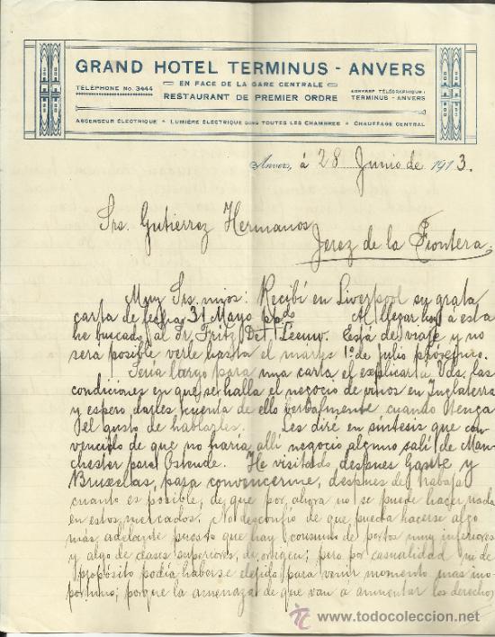 Lettere commerciali: CARTA COMERCIAL DE F. OVIEDO DESDE  GRAND HOTEL TERMINUS-ANVERS. ANVERS. FRANCIA. 1913