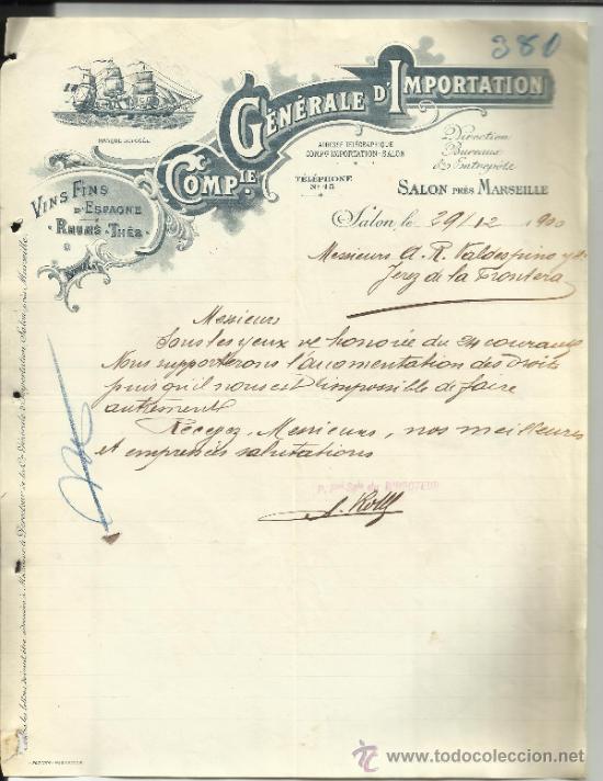 Lettere commerciali: CARTA COMERCIAL DE COMP. GENERALE DE IMPORTATION. SALON. FRANCIA. 1900