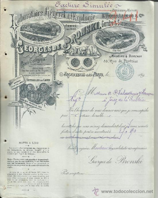 Lettere commerciali: CARTA COMERCIAL DE GEORGIES DE BRONSKI, GENDRE & SUCCESSEUR. ARGENTEUIL. PARIS. FRANCIA. 1900
