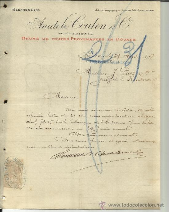 Lettere commerciali: CARTA COMERCIAL DE ANATOLE COULON & Cie.  BORDEAUX. FRANCIA. 1907