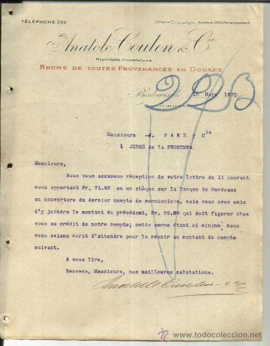 Lettere commerciali: CARTA COMERCIAL DE ANATOLE COULON & Cie.  BORDEAUX. FRANCIA. 1907