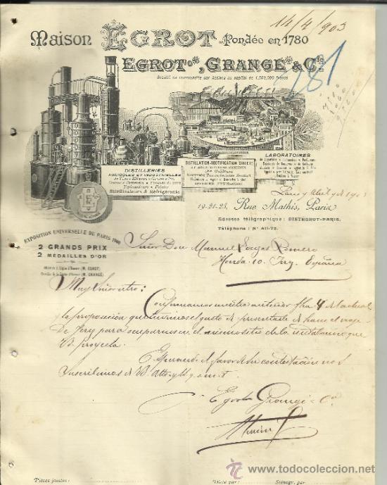 Lettere commerciali: CARTA COMERCIAL DE EGROT, GRANTE & CIE. MAISON EGROT. PARIS. FRANCIA. 1903