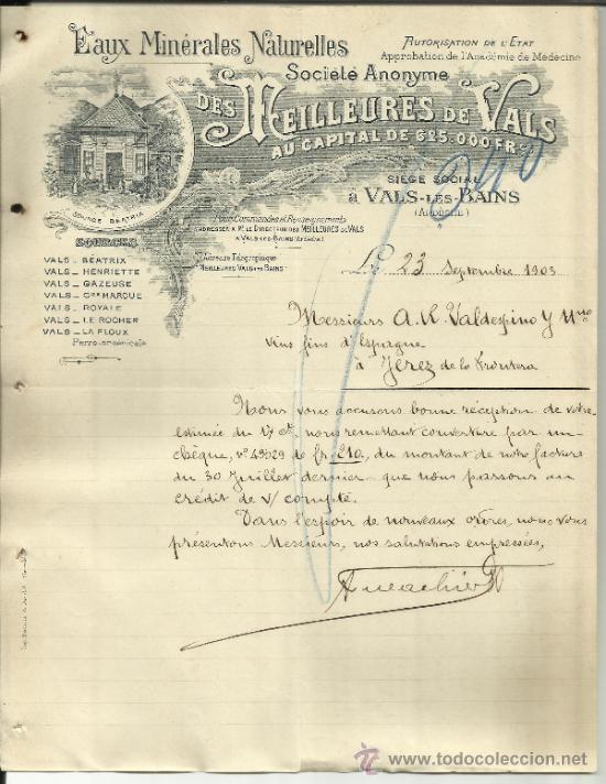 Lettere commerciali: CARTA COMERCIAL DE LES MEILLEURES DEL VALS. VALS LES BAINS. ARDECHE. FRANCIA. 1903