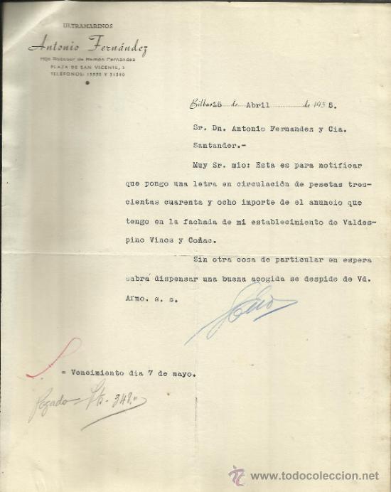Lettere commerciali: CARTA COMERCIAL DE ANTONIO FERN&Aacute;NDEZ. HIJO SUCESOR DE RAM&Oacute;N FERN&Aacute;NDEZ. BILBAO. 1955