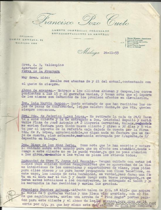 Lettere commerciali: CARTA COMERCIAL DE FRANCISCO POZO CUETO. AGENTE COMERCIAL COLEGIADO. M&Aacute;LAGA. 1953
