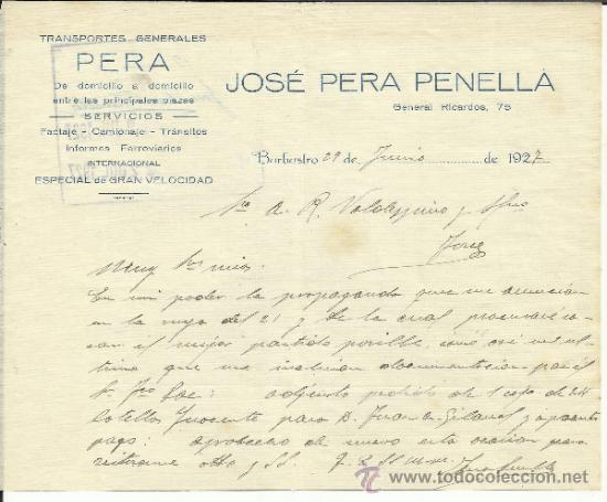 Lettere commerciali: CARTA COMERCIAL DE JOS&Eacute; PERA PENELLA. TRANSPORTES PERA. BARBASTRO. HUESCA. 1927