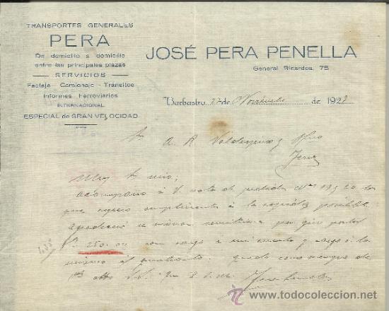 Lettere commerciali: CARTA COMERCIAL DE JOS&Eacute; PERA PENELLA. TRANSPORTES PENA. BARBASTRO. HUESCA. 1927