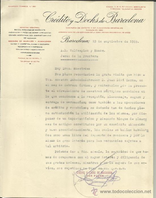 Lettere commerciali: CARTA COMERCIAL DE CR&Eacute;DITO Y DOCKS DE BARCELONA. COMPA&Ntilde;IA DE CR&Eacute;DITO. BARCELONA. 1955