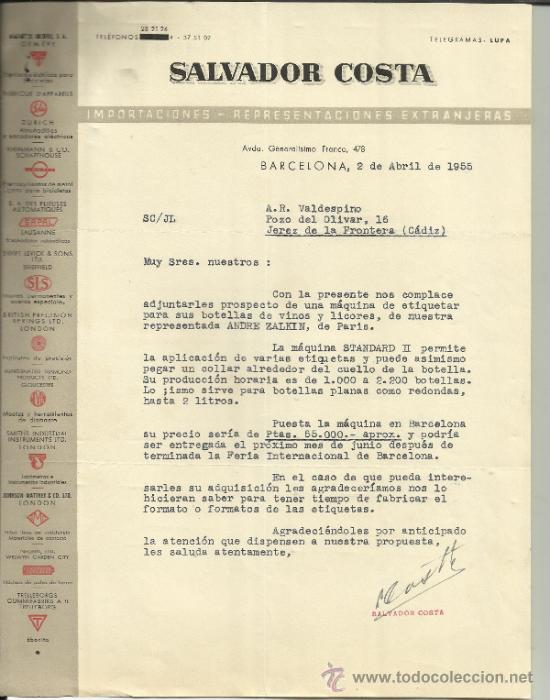 Lettere commerciali: CARTA COMERCIAL DE SALVADOR COSTA. IMPORTACIONES Y REPRESENTACIONES ESPA&Ntilde;OLAS. BARCELONA. 1955