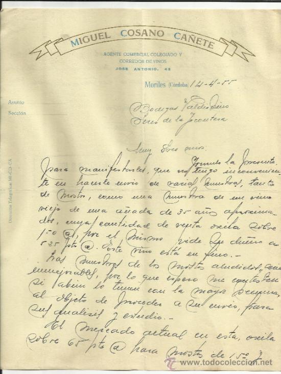 Lettere commerciali: CARTA COMERCIAL DE MIGUEL COSANO CA&Ntilde;ETE. AGENTE COMERCIAL Y CORREDOR DE VINOS. MORILES. C&Oacute;RDOBA.1955