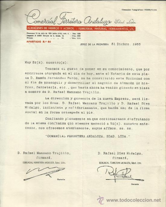 Lettere commerciali: CARTA COMERCIAL DE COMERCIAL FERRETERA ANDALUZA. RAFAEL MANZANO. JEREZ DE LA FRONTERA. C&Aacute;DIZ. 1955