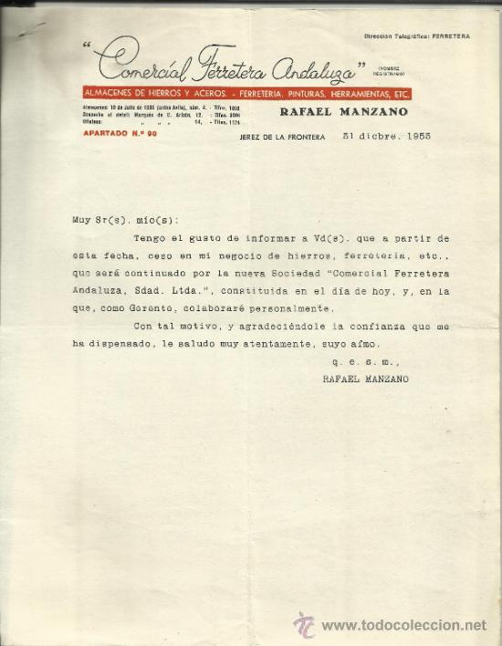 Lettere commerciali: CARTA COMERCIAL DE COMERCIAL FERRETERA ANDALUZA. RAFAEL MANZANO. JEREZ DE LA FRONTERA. C&Aacute;DIZ. 1955