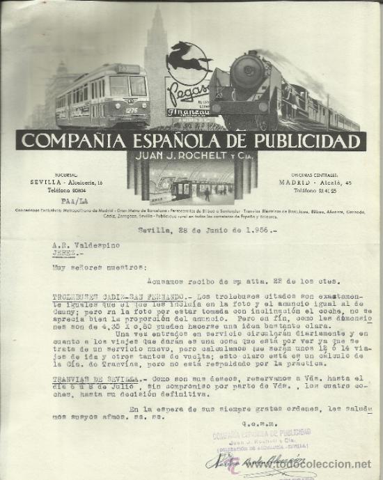 Lettere commerciali: CARTA COMERCIAL DE COMPA&Ntilde;IA ESPA&Ntilde;OLA DE PUBLICIDAD. JUAN J. ROCHELT Y C&ordf;. SEVILLA. 1956