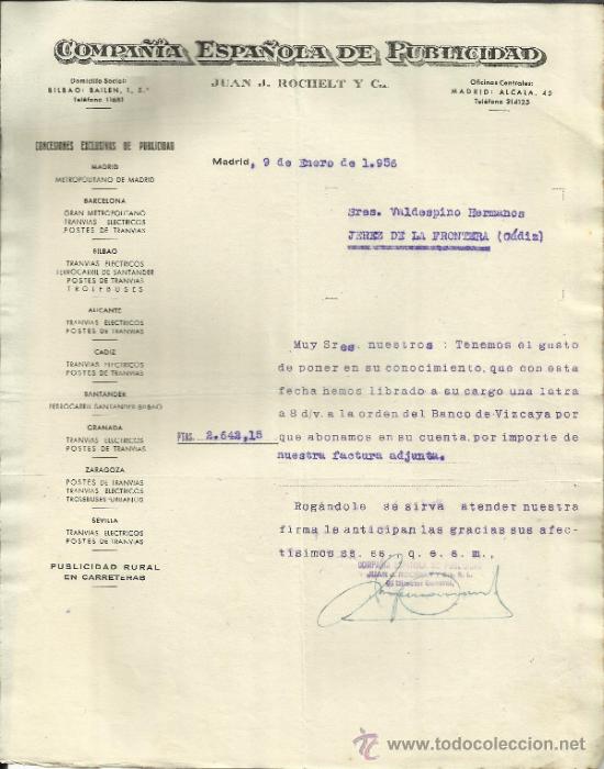 Cartas comerciais: CARTA COMERCIAL DE COMPA&Ntilde;IA ESPA&Ntilde;OLA DE PUBLICIDAD. JUAN J. ROCHELT Y C&ordf;. MADRID. 1956