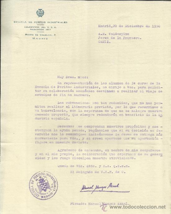 Cartas comerciais: CARTA DE ESCUELA DE PERITOS INDUSTRIALES. DELEGACI&Oacute;N DEL S.E.U. PROMOCI&Oacute;N 1957. MADRID. 1956