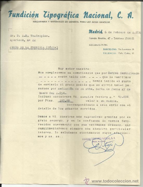 Cartas comerciais: CARTA COMERCIAL DE FUNDICI&Oacute;N TIPOGR&Aacute;FICA NACIONAL, C.A. MADRID. 1956