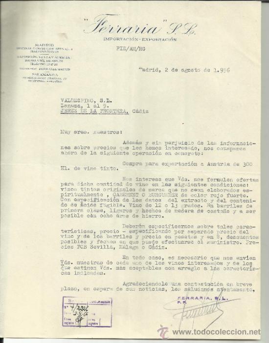 Cartas comerciais: CARTA COMERCIAL DE FERRRARIA S.L. IMPORTACI&Oacute;N Y EXPORTACI&Oacute;N. MADRID. 1956