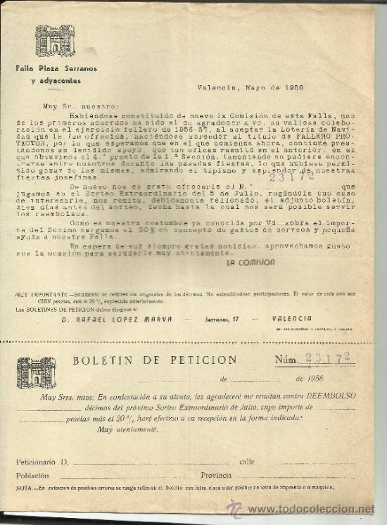 Cartas comerciais: CARTA CIRCULAR DE FALLA PLAZA SERRANO Y ADYACENTES. RAFAEL L&Oacute;PEZ MARVA. VALENCIA. 1956