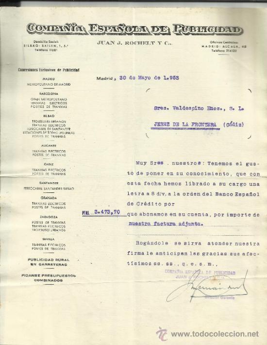 Cartas comerciais: CARTA COMERCIAL DE COMPA&Ntilde;IA ESPA&Ntilde;OLA DE PUBLICIDAD. JUAN J. ROCHELET Y C&ordf;. MADRID. 1953