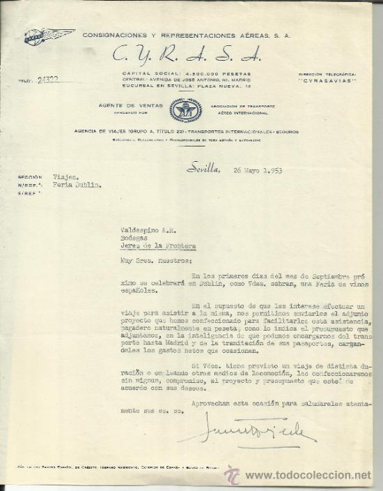 Cartas comerciais: CARTA COMERCIAL DE CYRASA. CONSIGNACIONES Y REPRESENTACIONES A&Eacute;REAS S.A. SEVILLA. 1953