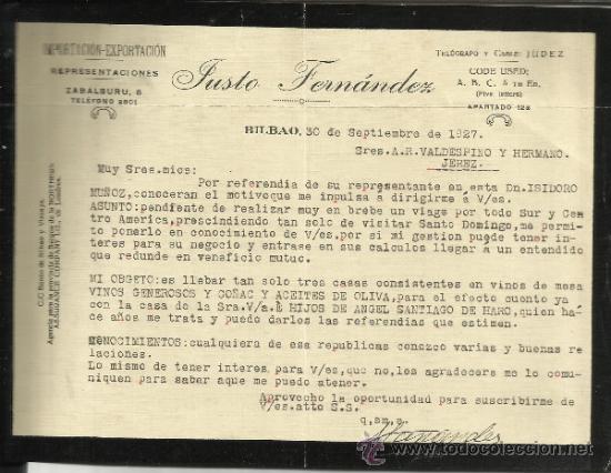 Cartas comerciais: CARTA COMERCIAL DE JUSTO FERN&Aacute;NDEZ. REPRESENTACIONES. BILBAO. 1927