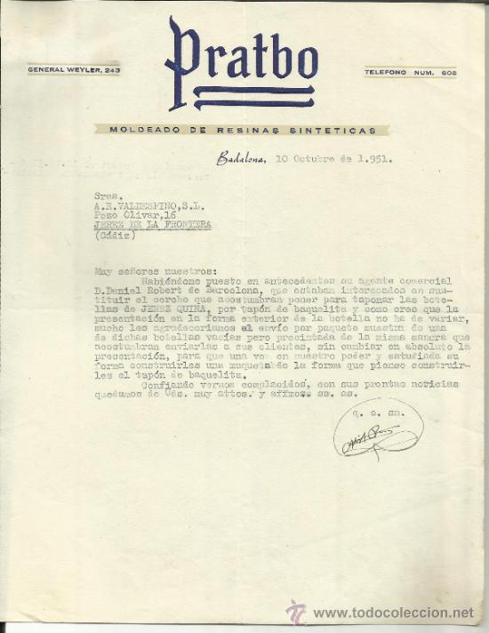 Cartas comerciais: CARTA COMERCIAL DE PRATBO. MOLDEADO DE RESINAS SINT&Eacute;TICAS. BADALONA. BARCELONA. 1951