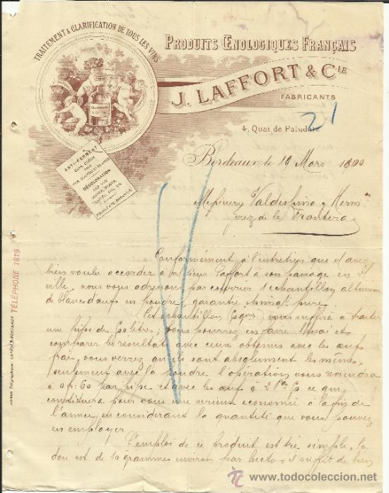Cartas comerciais: CARTA COMERCIAL DE J. LAFORT & C&ordf;. PRODUITS GENOLOCIQUES FRANCAIS. BORDEAUX. FRANCIA. 1900