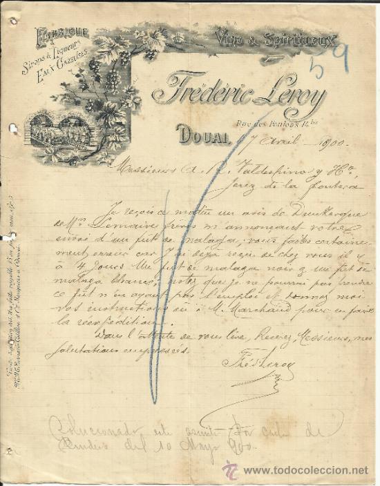 Cartas comerciais: CARTA COMERCIAL DE FREDERIC LEROY. VINS & SPIRITUEUX. DOUAI. FRANCIA. 1900