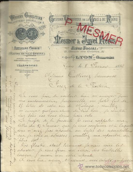 Cartas comerciais: CARTA COMERCIAL DE MESMER & JAYET FRERES. VERRERIE GOBELETERIE. LYON. FRANCIA. 1889