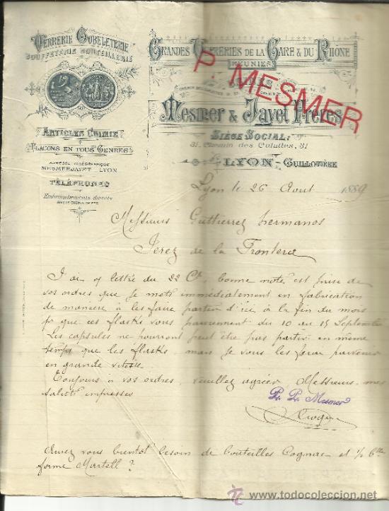 Cartas comerciais: CARTA COMERCIAL DE MESMER & JAYET FRERES. VERRERIE GOBELETERIE. LYON. FRANCIA. 1889