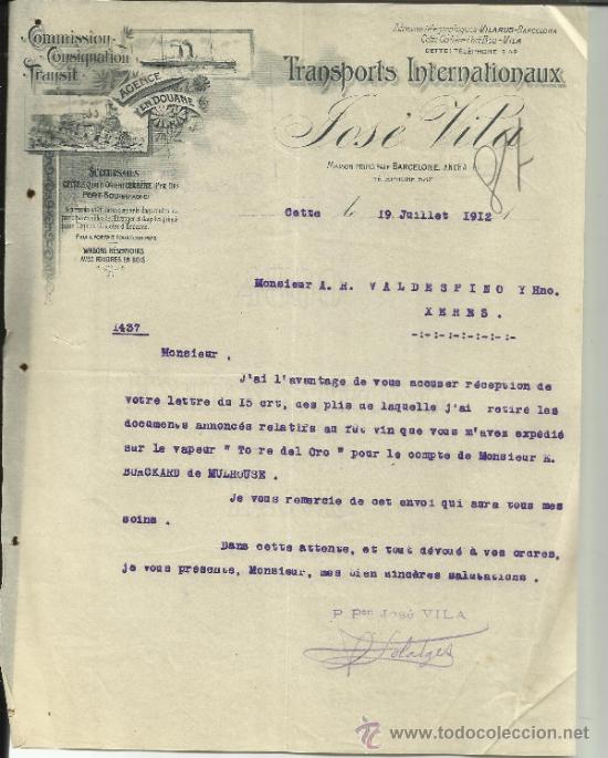 Cartas comerciais: CARTA COMERCIAL DE JOS&Eacute; VILA. TRANSPORTS INTERNATIONAUX. CETTE. FRANCIA. 1912