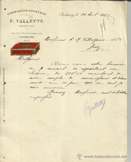 Gesch&auml;ftsbriefe: CARTA COMERCIAL DE P. VALLETE. REPRESENTANTE. SARDINES BRESTOISES. CHERBOUG. FRANCIA. 1912