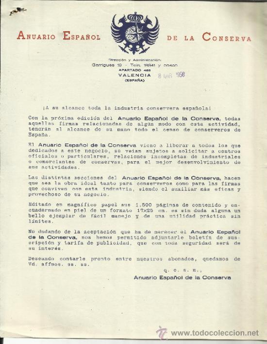 Gesch&auml;ftsbriefe: CARTA CIRCULAR DE ANUARIO ESPA&Ntilde;OL DE LA CONSERVA. VALENCIA. 1956