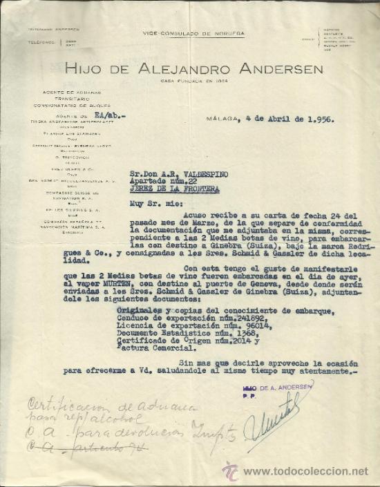 Gesch&auml;ftsbriefe: CARTA COMERCIAL DE HIJO DE ALEJANDRO ANDERSEN. AGENTE DE ADUANAS. M&Aacute;LAGA. 1956