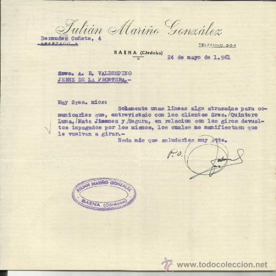 Gesch&auml;ftsbriefe: CARTA COMERCIAL DE JULI&Aacute;N MARI&Ntilde;O GONZ&Aacute;LEZ. BAENA. C&Oacute;RDOBA. 1961