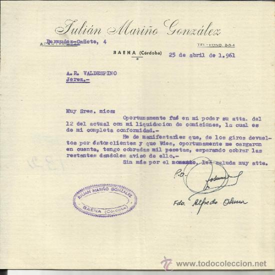 Gesch&auml;ftsbriefe: CARTA COMERCIAL DE JULI&Aacute;N MARI&Ntilde;O GONZ&Aacute;LEZ. BAENA. C&Oacute;RDOBA. 1961