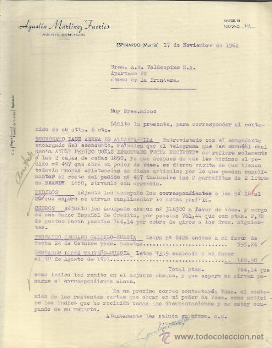 Gesch&auml;ftsbriefe: CARTA COMERCIAL DE AGUST&Iacute;N MART&Iacute;NEZ FUERTES. AGENTE COMERCIAL. ESPINARDO. MURCIA. 1961