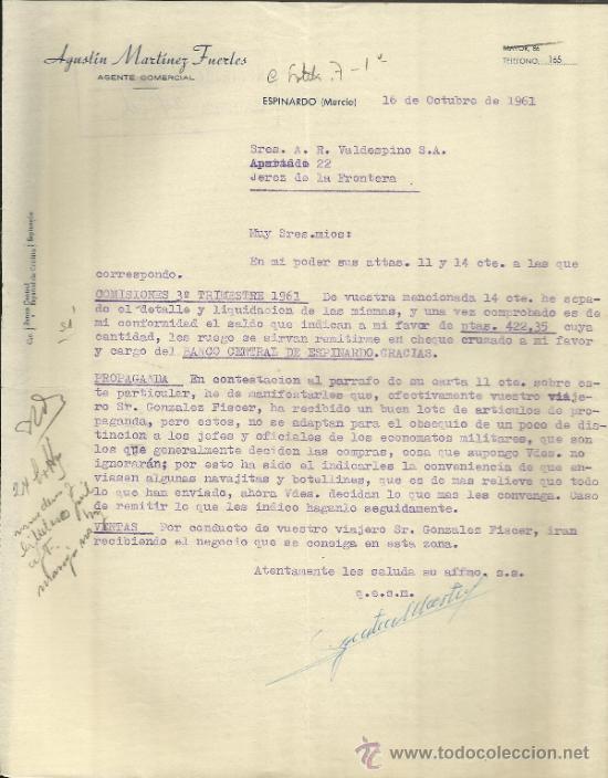 Gesch&auml;ftsbriefe: CARTA COMERCIAL DE AGUST&Iacute;N MART&Iacute;NEZ FUERTES. AGENTE COMERCIAL. ESPINARDO. MURCIA. 1961