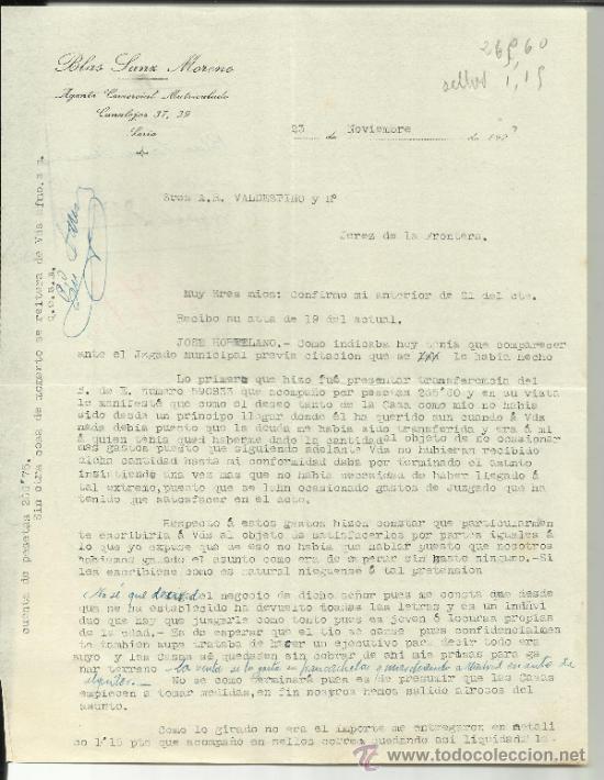 Gesch&auml;ftsbriefe: CARTA COMERCIAL DE BLAS SANZ MORENO. AGENTE COMERCIAL. SORIA. 1927