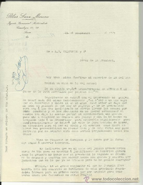 Gesch&auml;ftsbriefe: CARTA COMERCIAL DE BLAS SANZ MORENO. AGENTE COMERCIAL. SORIA. 1927