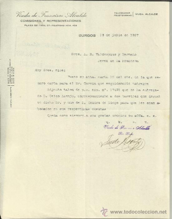 Gesch&auml;ftsbriefe: CARTA COMERCIAL DE VIUDA DE FRANCISCO ALCALDE. COMISIONES Y REPRESENTACIONES. BURGOS. 1927