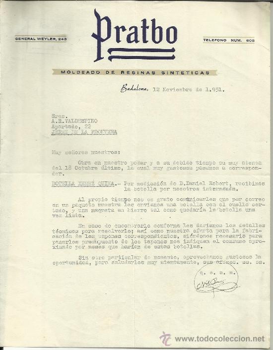 Cartas comerciais: CARTA COMERCIAL DE PRATBO. MOLDEADO DE RESINAS SINT&Eacute;TICAS. BADALONA. BARCELONA. 1951